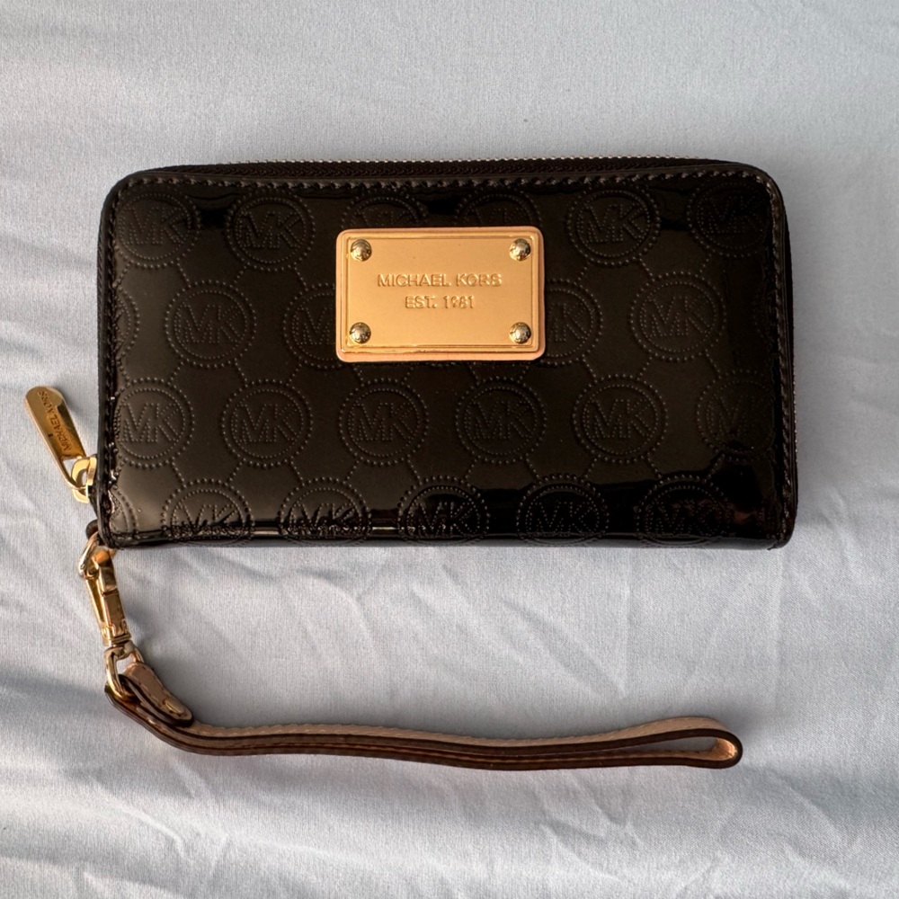 Michael Kors Monogrammed Black Patent Wristlet